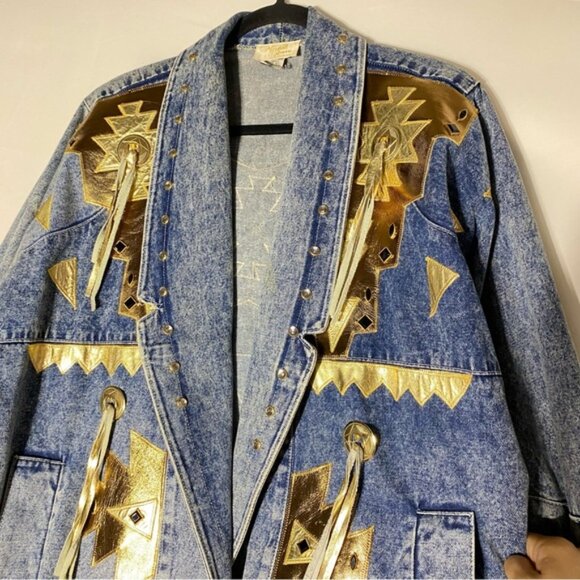Vintage 90s Marshall Rousso Acid Wash Denim Jacket W Gold Western Accents S - Picture 5 of 16